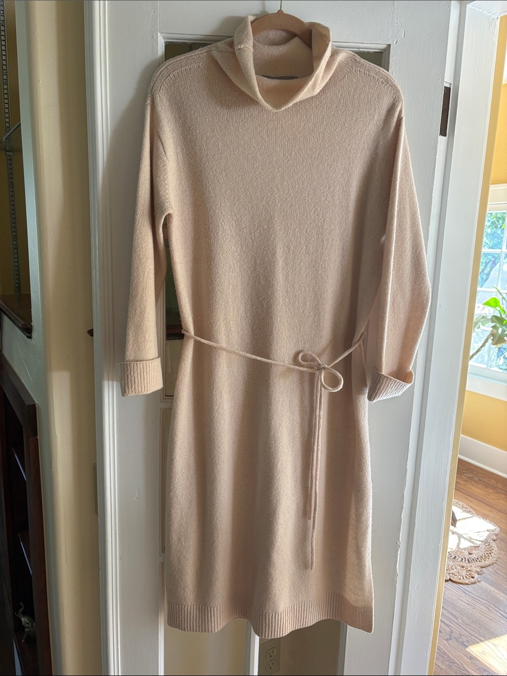 Vince Light Cream Long-Sleeve Turtleneck Belted Knit Dress